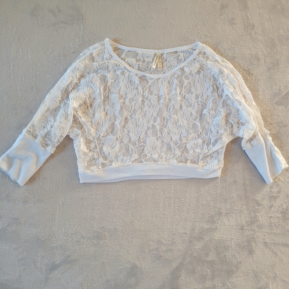 Vintage Y2K White Lace Crop Top Dolman Sleeve Large Fairy Grunge - Picture 2 of 10